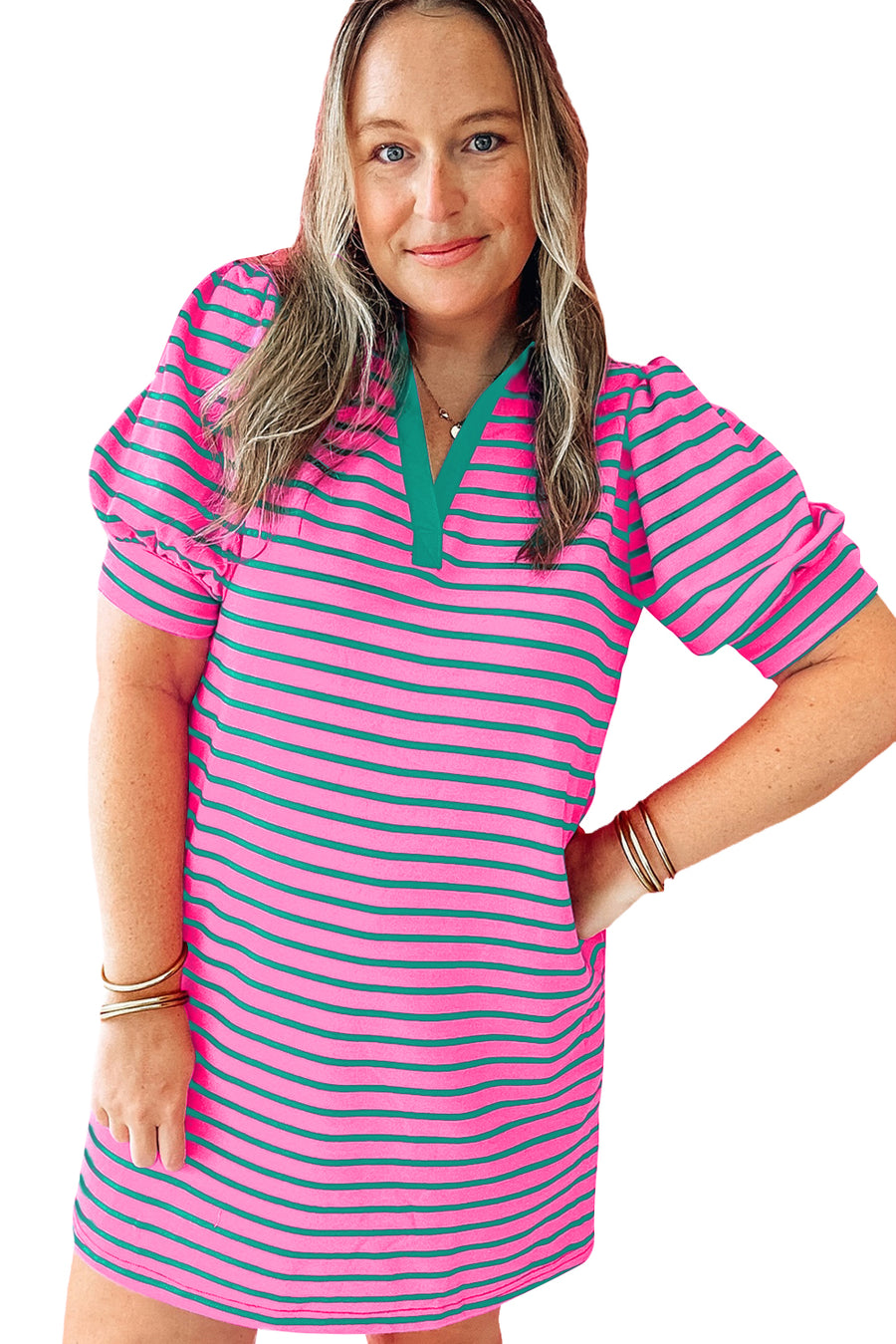 Plus Size Bright Pink and Green Stripe Collared Puff Sleeve Mini Dress with Pockets