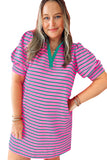 Plus Size Bright Pink and Green Stripe Collared Puff Sleeve Mini Dress with Pockets