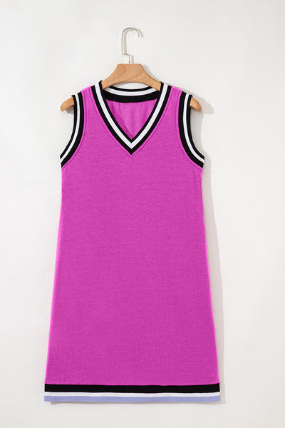 Purple Orchid Contrast Trim V Neck Sleeveless Mini Dress