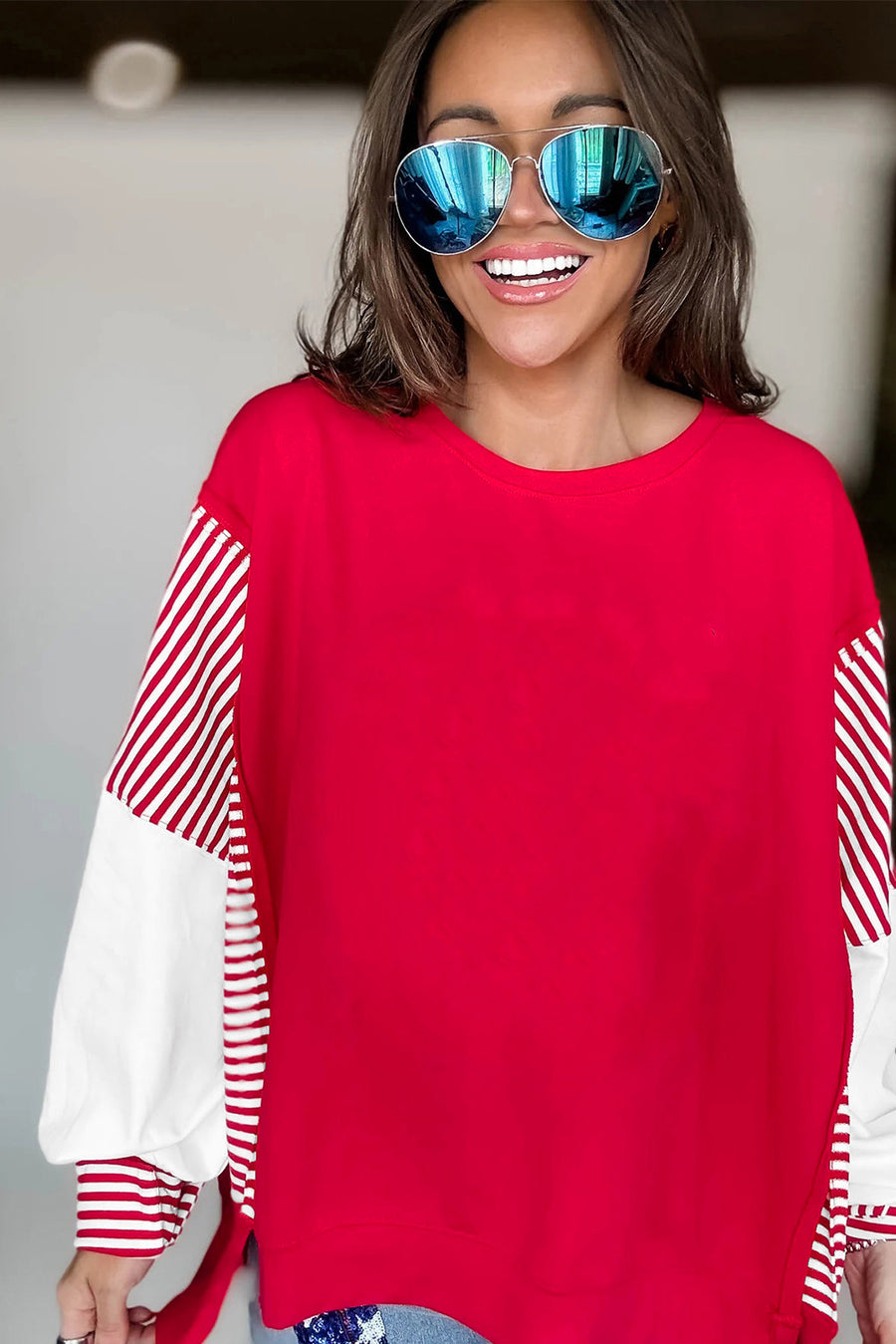 Striped Patchwork Sleeve Colorblock Sweatshirt- 3 Colors