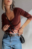 Burgundy Ruched Sweetheart Neck Ribbed Long Sleeve Top