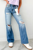 Medium Blue Mid-Rise Distressed Straight Leg Jeans