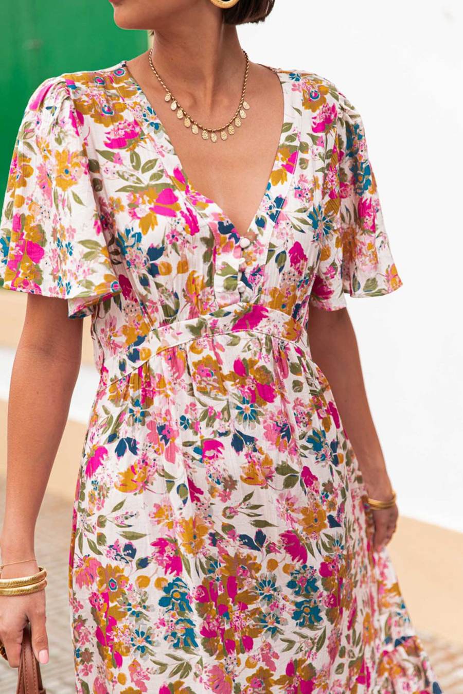 Multicolored Floral Short Sleeve V-Neck High Waist Maxi Dress