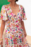 Multicolored Floral Short Sleeve V-Neck High Waist Maxi Dress