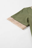 Green Lace Trim V Neck Short Sleeve Blouse