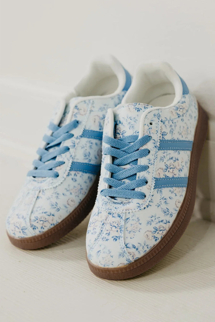 Light Blue Floral Print PU Leather Sneakers