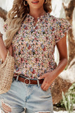 Multicolored Floral Frilled Neck Ruffled Short Sleeve Button-Up Blouse