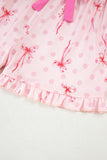 Bow Print Button-Up V-Neck Short Sleeve Top and Ruffle Hem Shorts Pajama Set- 2 Styles