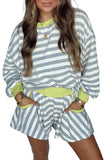 Striped Contrast Trim Long Sleeve Top and Shorts Set- 2 Colors