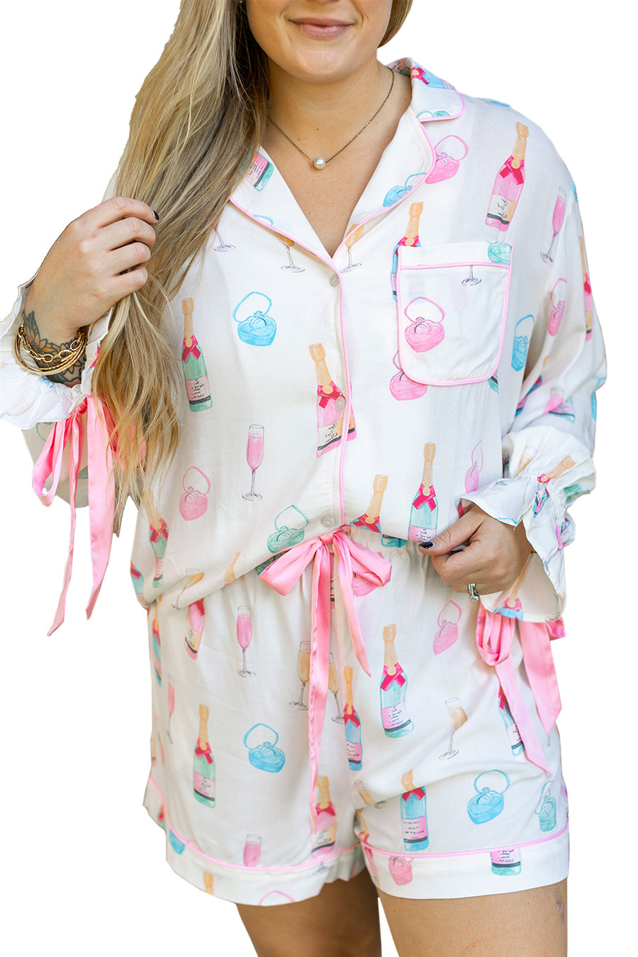 Plus Size White Wine & Heart Print Bow Decor Pajama Set