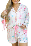 Plus Size White Wine & Heart Print Bow Decor Pajama Set