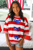 Red Striped Sequin Bows Short Sleeve Oversized Top