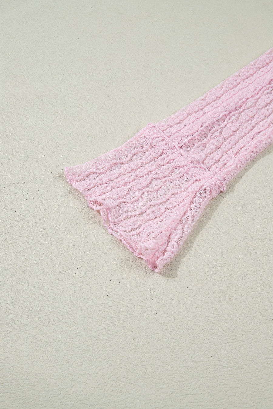 Light Pink Flounced Long Sleeve Mock Neck Sheer Lace Top