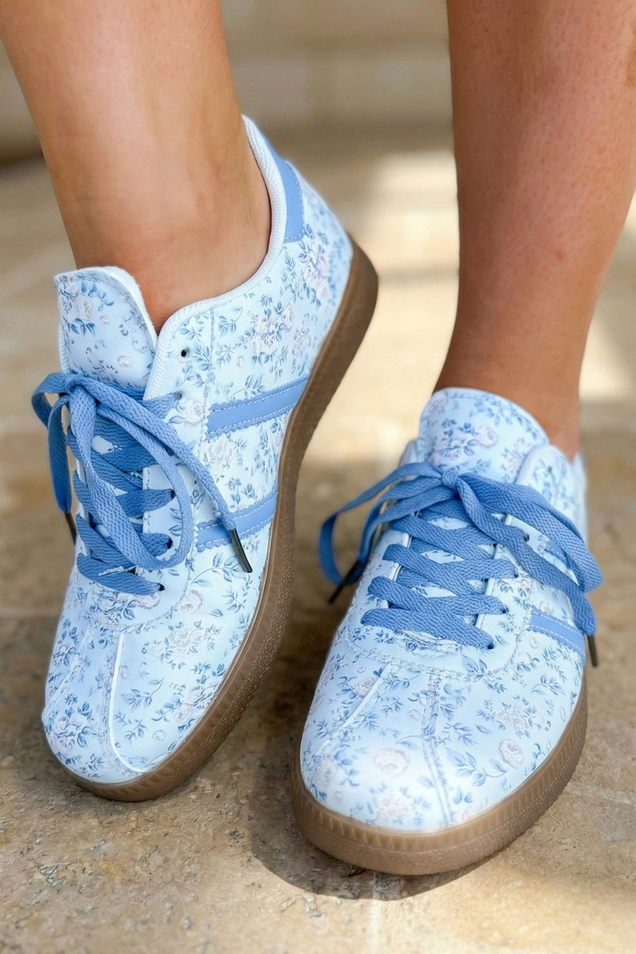 Light Blue Floral Print PU Leather Sneakers