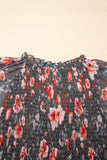 Brown Frilly Smocked Bodice Floral Mesh Long Sleeve Mini Dress
