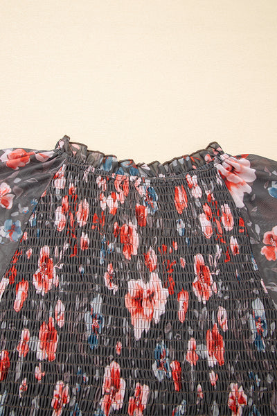 Brown Frilly Smocked Bodice Floral Mesh Long Sleeve Mini Dress