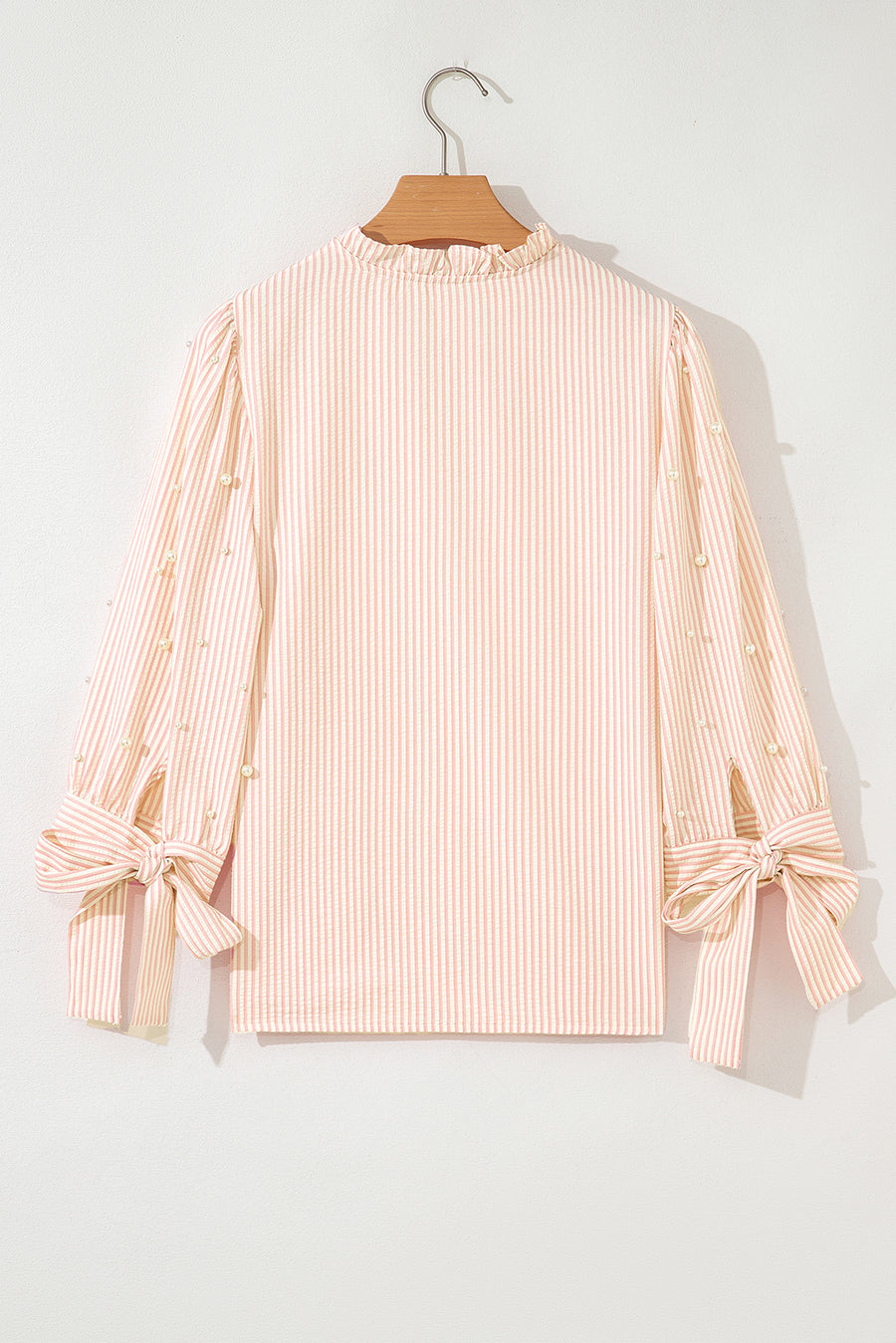 Pink Striped Pearl Beaded Bow Cuff Blouse