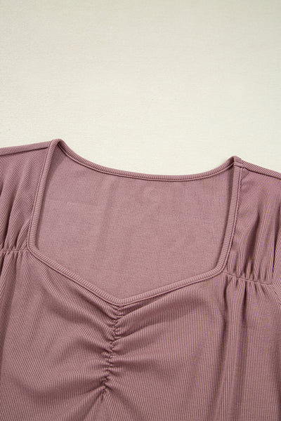 Burgundy Ruched Sweetheart Neck Ribbed Long Sleeve Top