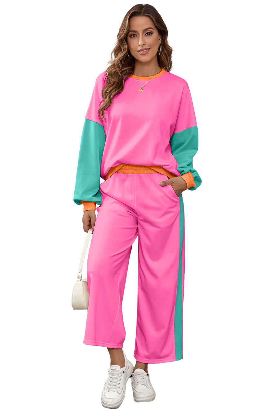 Color Block Patchwork Long Sleeve Top and Pants Set