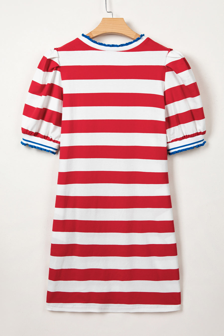 Striped Contrast Trim Crew Neck Short Puff Sleeve Shift Mini Dress- 2 Colors