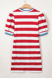 Striped Contrast Trim Crew Neck Short Puff Sleeve Shift Mini Dress- 2 Colors