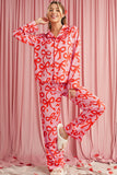 Pink All Over Bow Print Long Sleeve Button-Up Top and Pants Pajama Set