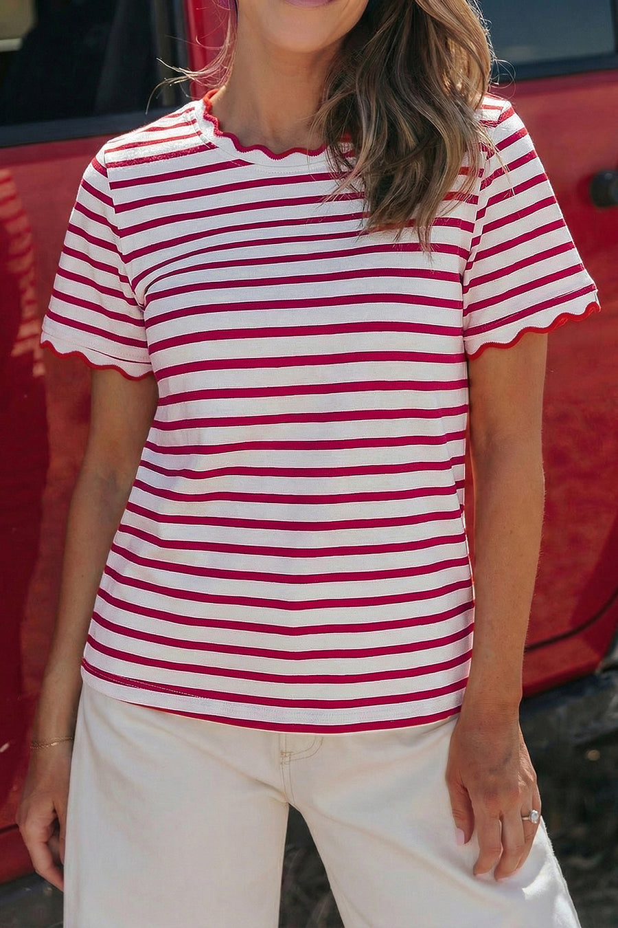 Striped Scalloped Trim Crew Neck Short Sleeve T-Shirt- 5 Colors