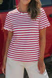 Striped Scalloped Trim Crew Neck Short Sleeve T-Shirt- 5 Colors