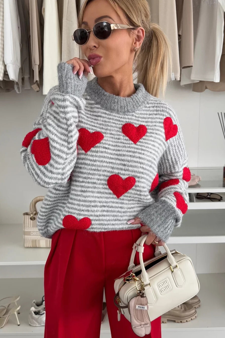 Striped Heart Pattern Drop Shoulder Mock Neck Knit Sweater- 2 Colors