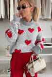 Striped Heart Pattern Drop Shoulder Mock Neck Knit Sweater- 2 Colors