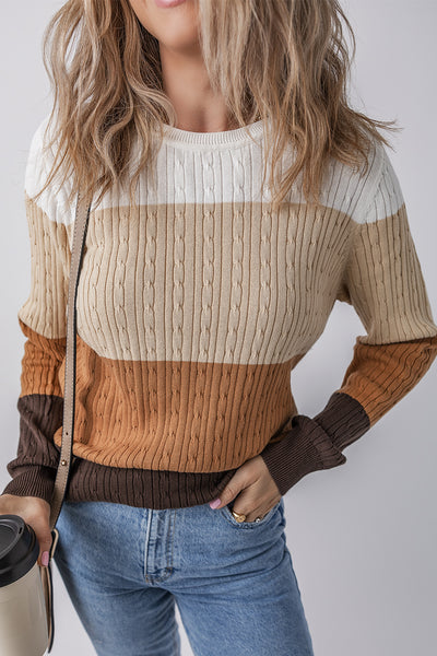 Khaki Colorblock Cable Knit Round Neck Sweater