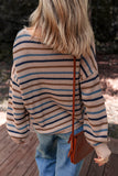 Tan Multi Openwork Striped Knit Drop Shoulder Crew Neck Sweater