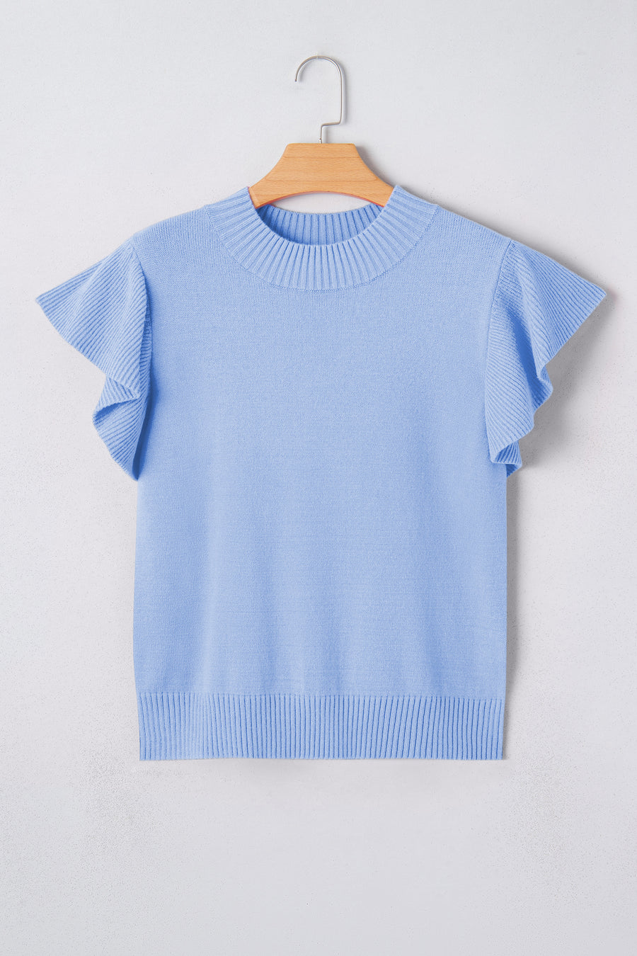 Ribbed Trim Crew Neck Ruffled Short Sleeve Sweater- 3 Colors