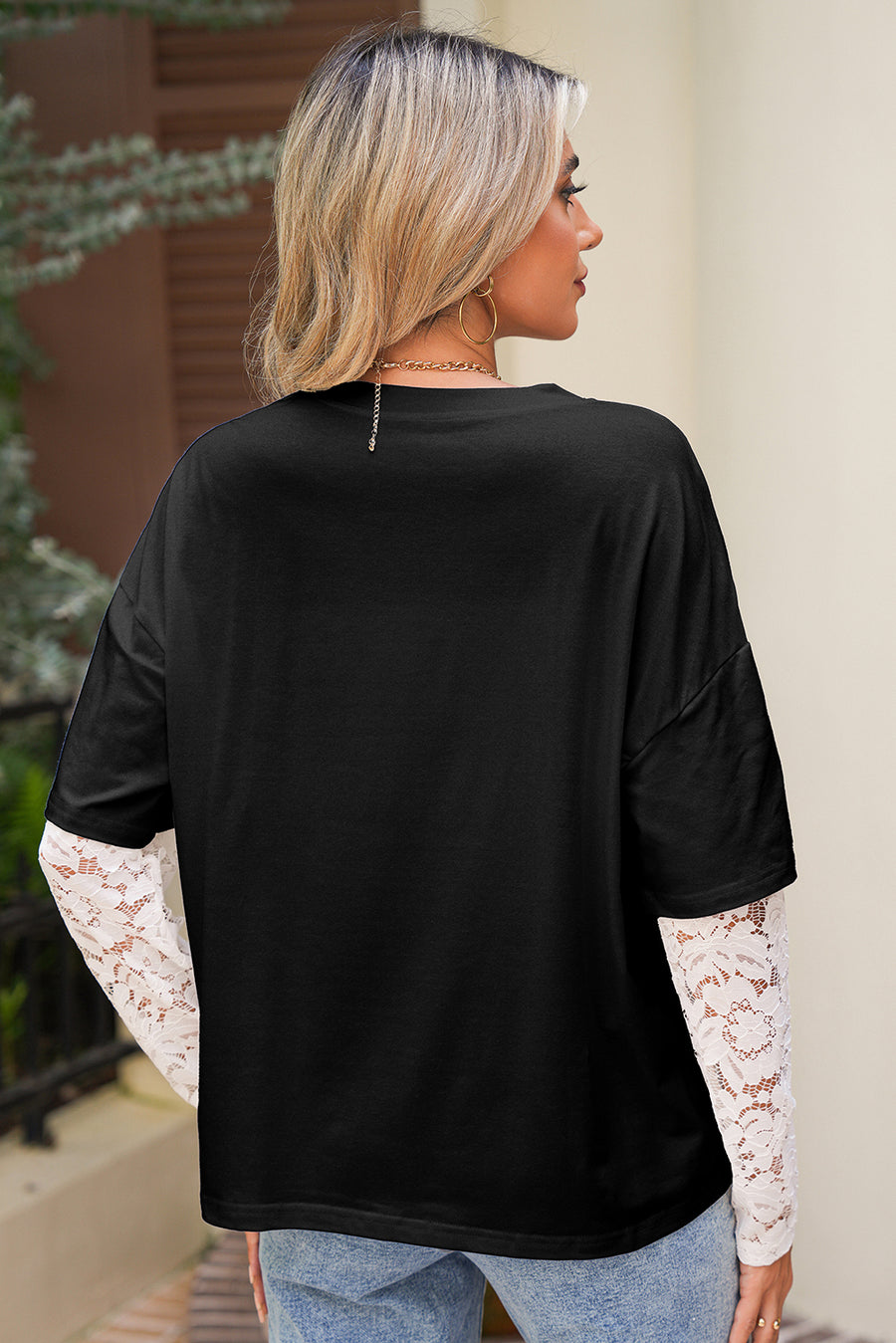 Lace Long Sleeve Drop Shoulder T-Shirt- 2 Colors