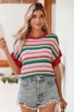Red Multi Striped Diamond Pattern Short Sleeve Knit Sweater
