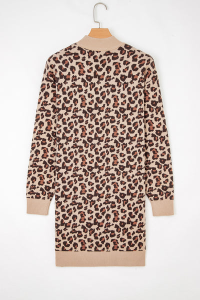 Khaki Leopard Print High Neck Shift Mini Sweater Dress