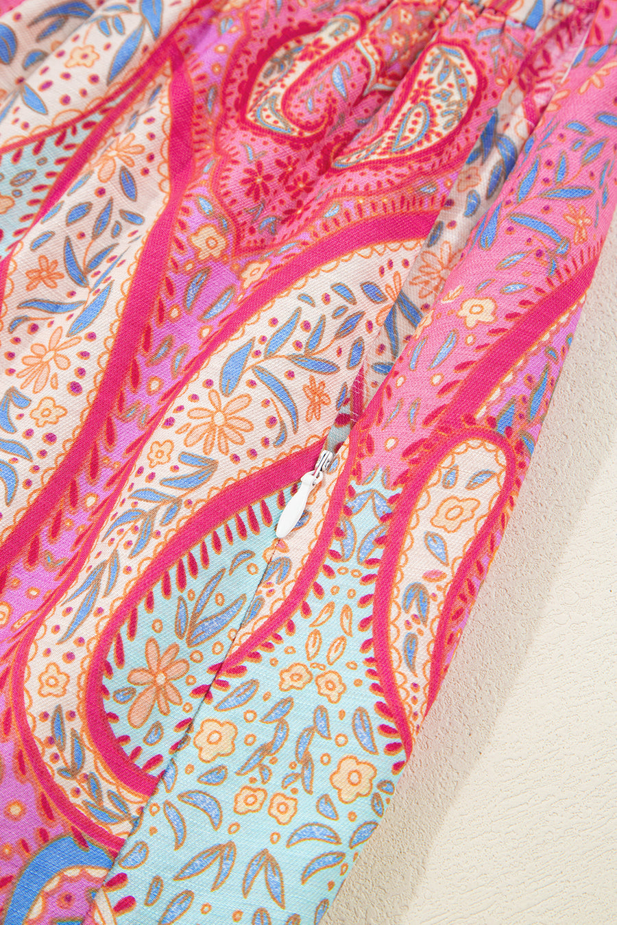 Pink Multi Floral Paisley Ruffle Sleeve Notch Neck Midi Dress