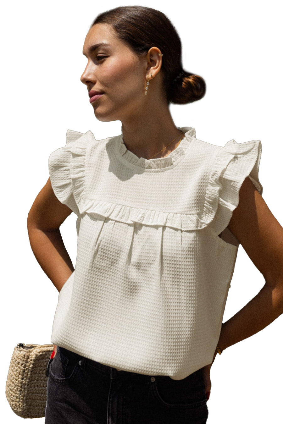 White Ruffle Trim Waffle Textured Short Sleeve Blouse