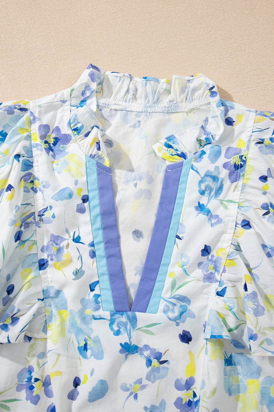 Blue Floral Frilled Notch Neck Ruffle Sleeve Blouse