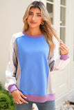 Blue Multi Color Block Patchwork Crew Neck Pullover Sweatshirt