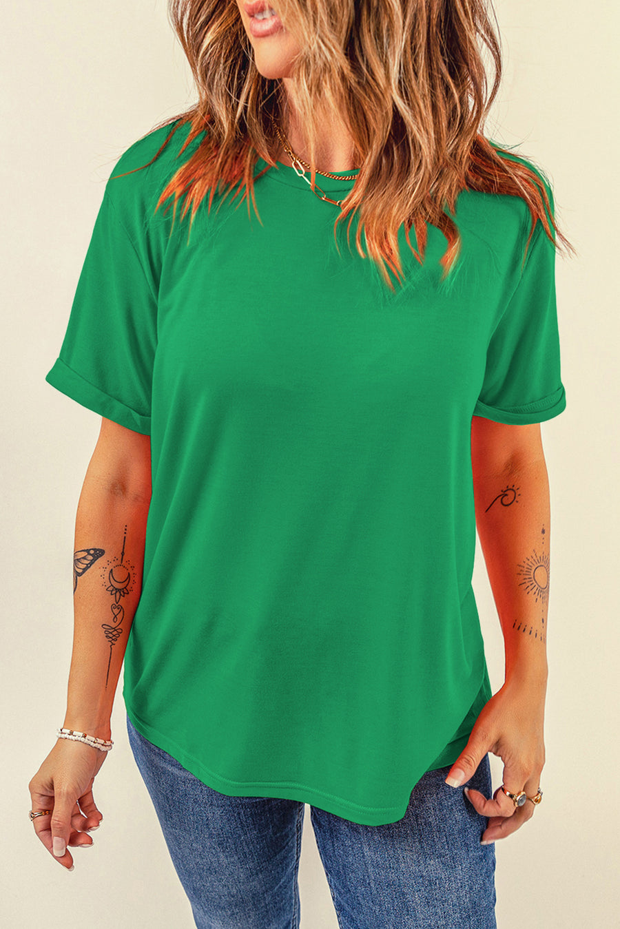 Basic Crew Neck Rolled Sleeve T-Shirt- 12 Colors