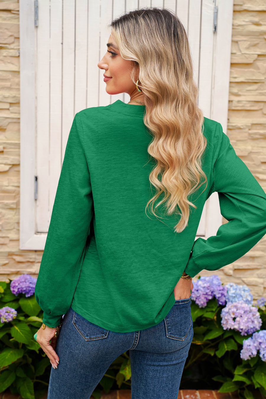 Button-Up V-Neck Long Sleeve Top- 3 Colors