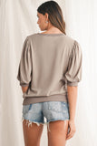 Mocha Bishop Sleeve Contrast Trim Crew Neck Blouse