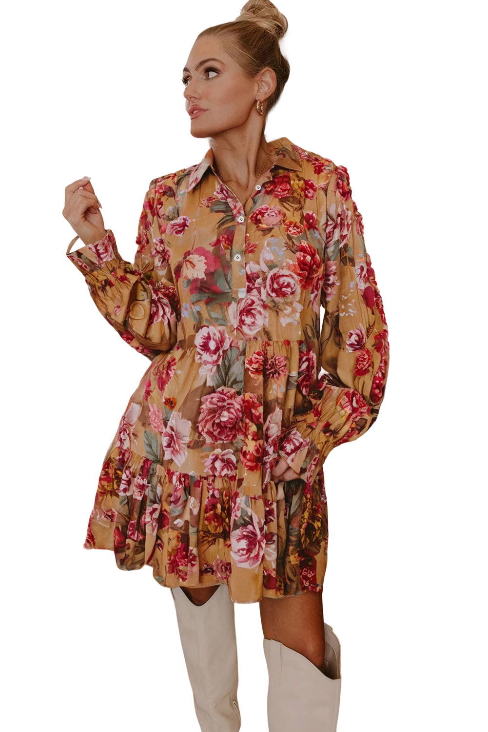 Brown Floral Print Shirt Style Long Sleeve Ruffle Mini Dress