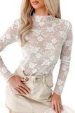 Floral Mock Neck Lace Long Sleeve Mesh  Top- 2 Colors