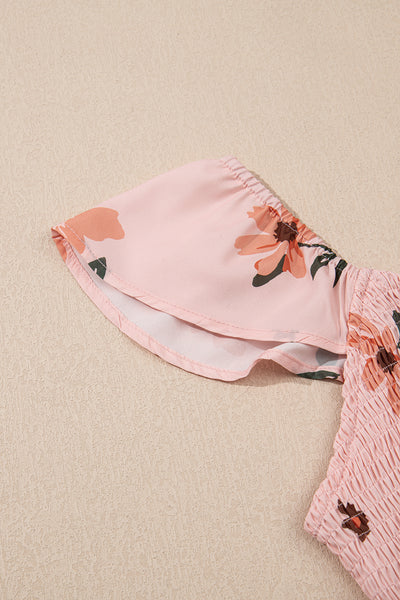 Pink Floral V Neck Smocked High Waist Ruffle Hem Maxi Dress