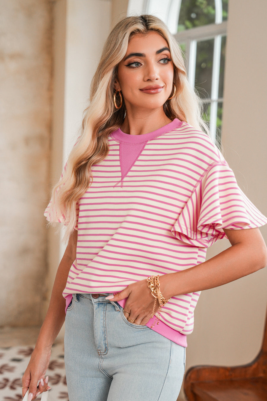 Striped Ruffle Sleeve Crew Neck T-Shirt- 3 Colors