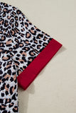 Leopard Print Contrast Frilled V-Neck Button-Up Blouse