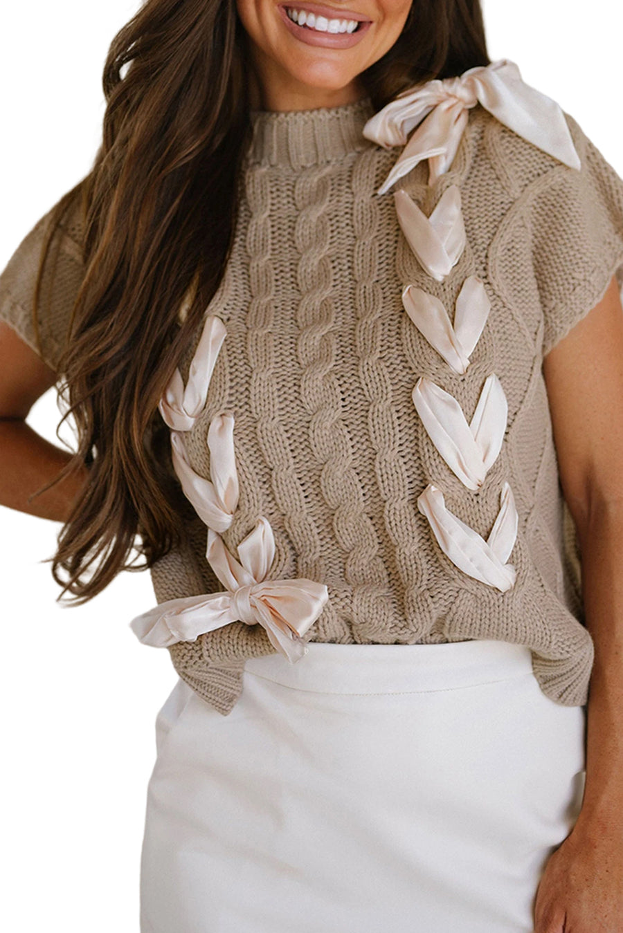Taupe Satin Ribbon Lace-Up Short Sleeve Cable Knit Sweater