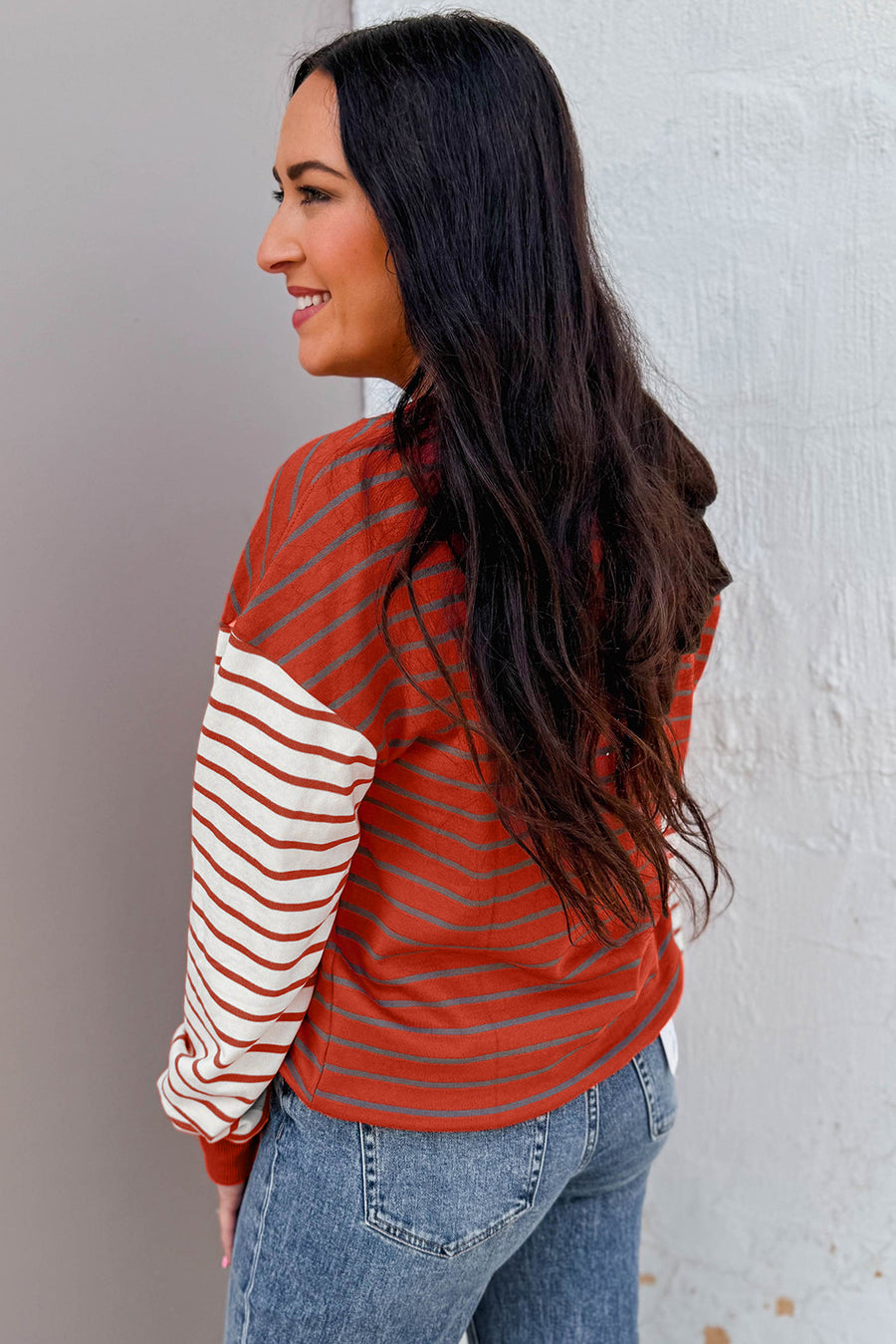 Rust Striped Contrast Sleeve Drop Shoulder Long Sleeve Sweatshirt